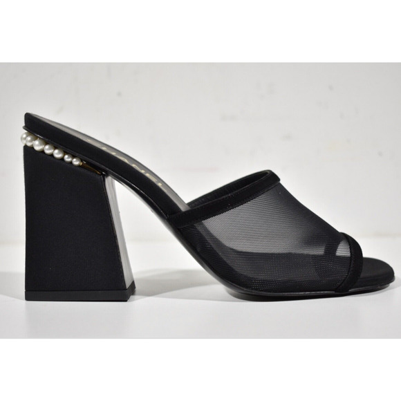 Chanel 22A Black Mesh Pearl CC Logo Block Heel Backless Mule Sandal Pump 41 - Picture 2 of 11